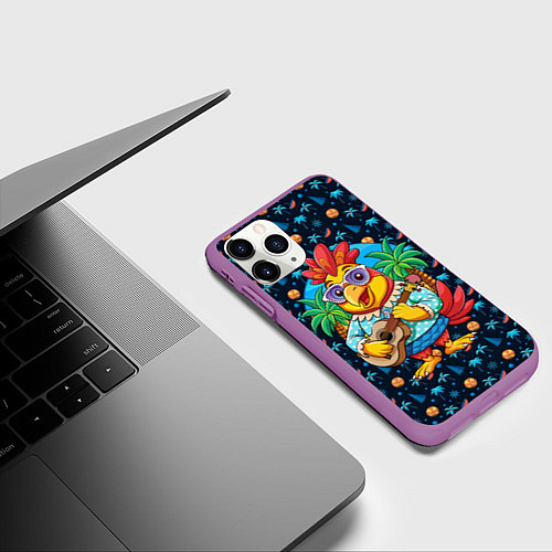 Чехол iPhone 11 Pro матовый Жаркое лето петух играет на гитаре / 3D-Фиолетовый – фото 3