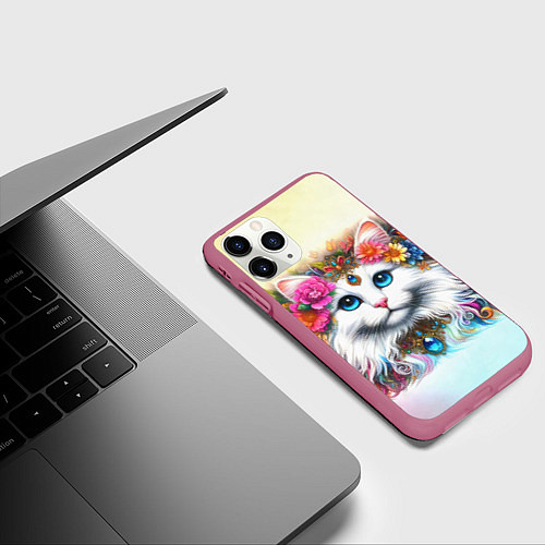 Чехол iPhone 11 Pro матовый Белый кот с голубыми глазами в цветах / 3D-Малиновый – фото 3