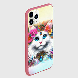 Чехол iPhone 11 Pro матовый Белый кот с голубыми глазами в цветах, цвет: 3D-малиновый — фото 2