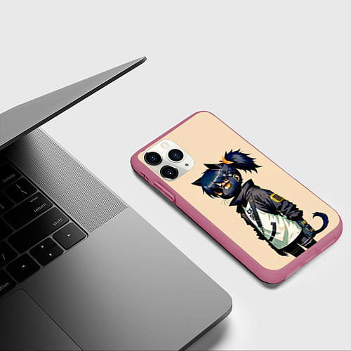 Чехол iPhone 11 Pro матовый Прикольная чёрная кошечка - нейросеть / 3D-Малиновый – фото 3