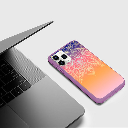 Чехол iPhone 11 Pro матовый Сине-оранжевый градиент с узором мандала / 3D-Фиолетовый – фото 3