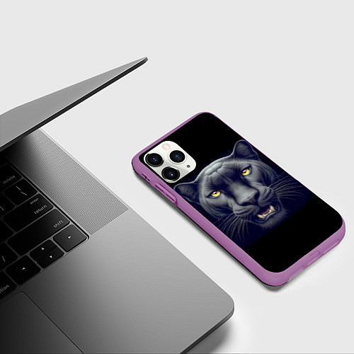 Чехол iPhone 11 Pro матовый Могучая пантера - нейросеть / 3D-Фиолетовый – фото 3