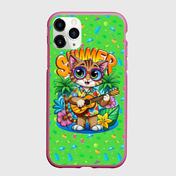 Чехол iPhone 11 Pro матовый Кот играет на гитаре летом, цвет: 3D-малиновый