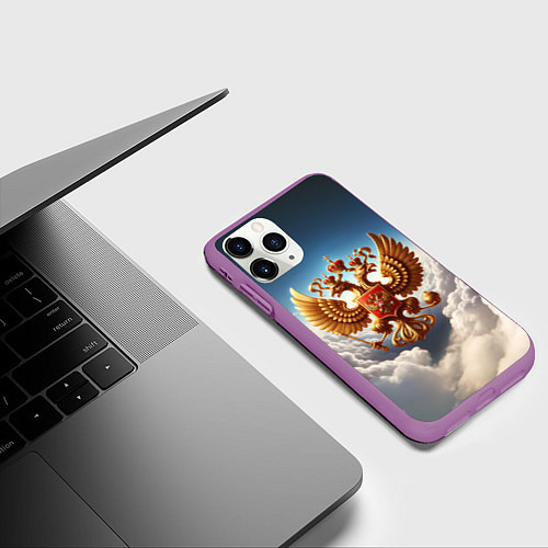 Чехол iPhone 11 Pro матовый Герб России в облаках / 3D-Фиолетовый – фото 3