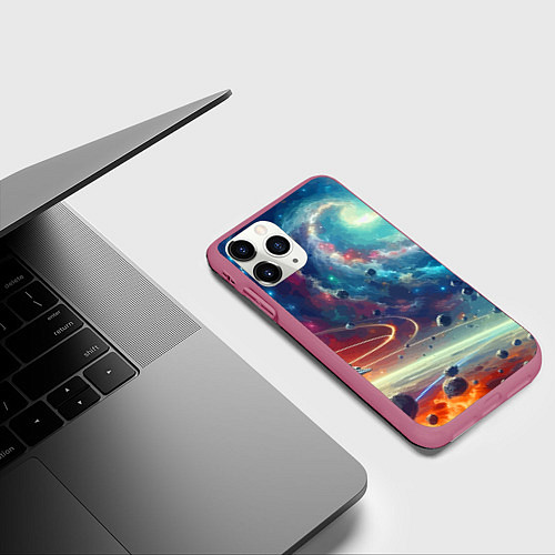 Чехол iPhone 11 Pro матовый Полет к далёкой планете - нейросеть / 3D-Малиновый – фото 3