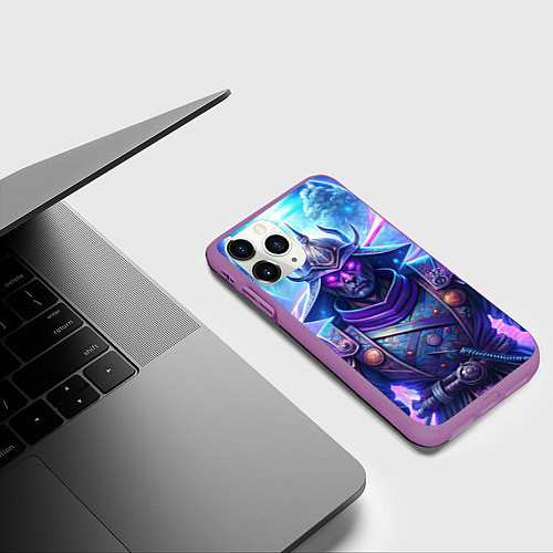 Чехол iPhone 11 Pro матовый Самурай ледяной фэнтезийный синий стиль - вьюга / 3D-Фиолетовый – фото 3