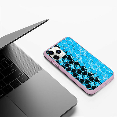 Чехол iPhone 11 Pro матовый Техно-киберпанк шестиугольники голубой и чёрный / 3D-Розовый – фото 3