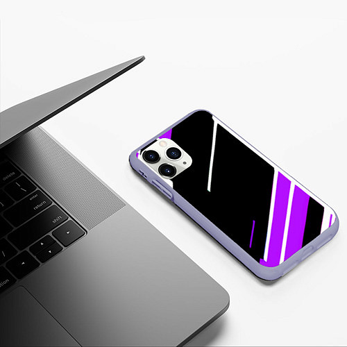 Чехол iPhone 11 Pro матовый Бело-фиолетовые полосы на чёрном фоне / 3D-Светло-сиреневый – фото 3