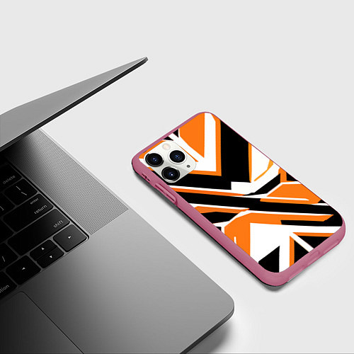 Чехол iPhone 11 Pro матовый Чёрно-оранжевые широкие линии на белом фоне / 3D-Малиновый – фото 3