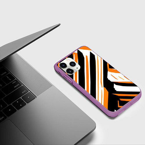 Чехол iPhone 11 Pro матовый Чёрно-оранжевые полосы на белом фоне / 3D-Фиолетовый – фото 3
