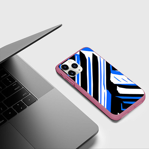 Чехол iPhone 11 Pro матовый Чёрно-синие полосы на белом фоне / 3D-Малиновый – фото 3