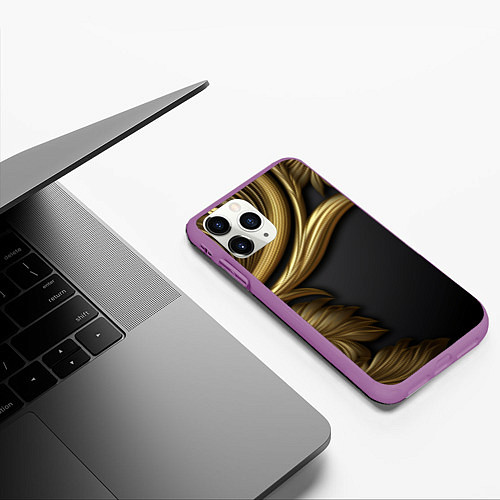 Чехол iPhone 11 Pro матовый Золотые объемные листья на черном / 3D-Фиолетовый – фото 3