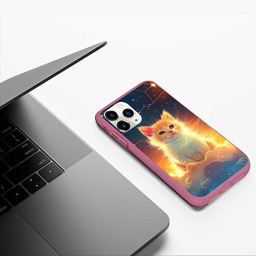 Чехол iPhone 11 Pro матовый Котик и космические созвездия / 3D-Малиновый – фото 3