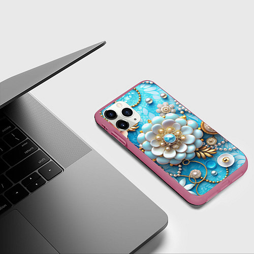 Чехол iPhone 11 Pro матовый Цветы и жемчуг / 3D-Малиновый – фото 3