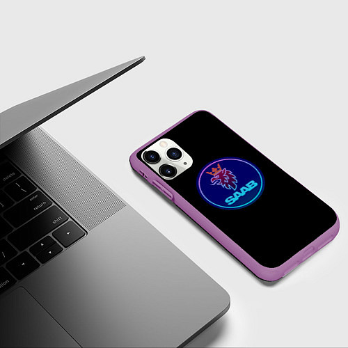 Чехол iPhone 11 Pro матовый Saab logo neon / 3D-Фиолетовый – фото 3