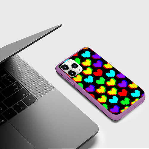 Чехол iPhone 11 Pro матовый Сердечки глитч паттерн / 3D-Фиолетовый – фото 3