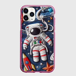 Чехол iPhone 11 Pro матовый Джинсовый космонавт - нейросеть, цвет: 3D-малиновый