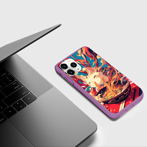 Чехол iPhone 11 Pro матовый Cat and ramen / 3D-Фиолетовый – фото 3