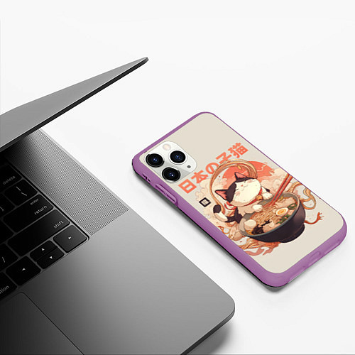Чехол iPhone 11 Pro матовый Ramen and the cat / 3D-Фиолетовый – фото 3