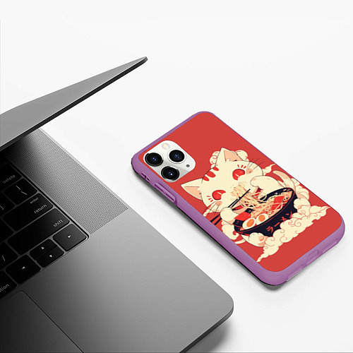 Чехол iPhone 11 Pro матовый Japanese cat eats ramen / 3D-Фиолетовый – фото 3