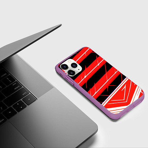 Чехол iPhone 11 Pro матовый Чёрно-белые полосы на красном фоне / 3D-Фиолетовый – фото 3