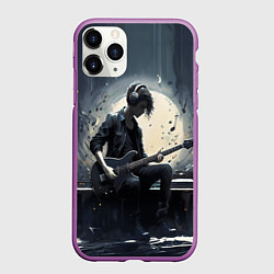 Чехол iPhone 11 Pro матовый Играющий на гитаре в свете Луны музыкант, цвет: 3D-фиолетовый