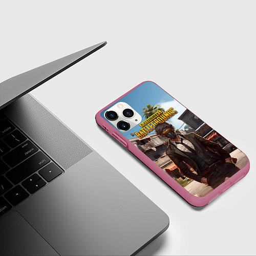 Чехол iPhone 11 Pro матовый PUBG персонаж в маске / 3D-Малиновый – фото 3