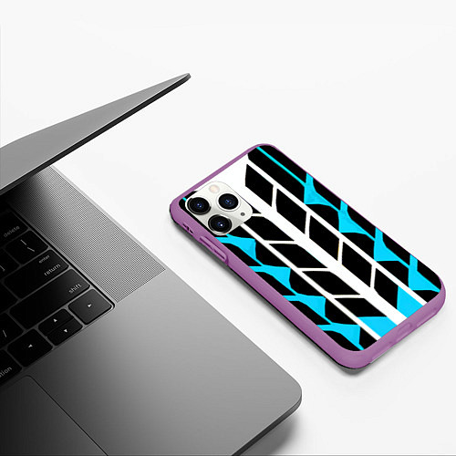 Чехол iPhone 11 Pro матовый Blue and white lines on a black background / 3D-Фиолетовый – фото 3