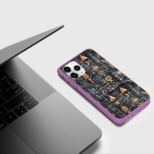 Чехол iPhone 11 Pro матовый Египетские символы на дениме / 3D-Фиолетовый – фото 3