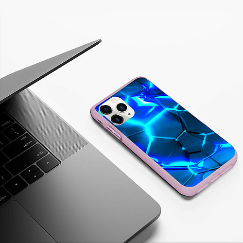 Чехол iPhone 11 Pro матовый Неоновые холодные голубые плиты в разломе / 3D-Розовый – фото 3