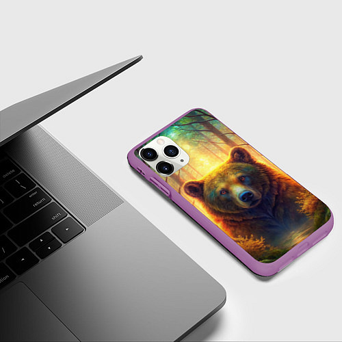 Чехол iPhone 11 Pro матовый Медведь на рассвете / 3D-Фиолетовый – фото 3