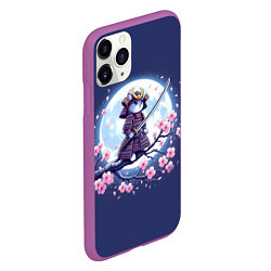 Чехол iPhone 11 Pro матовый Котёнок самурай - цветущая сакура, цвет: 3D-фиолетовый — фото 2