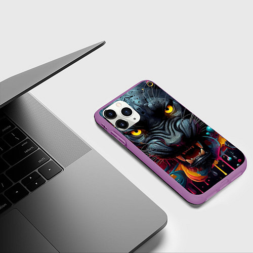 Чехол iPhone 11 Pro матовый Оскал свирепой пантеры - нейросеть / 3D-Фиолетовый – фото 3