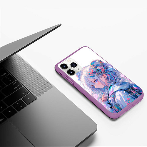 Чехол iPhone 11 Pro матовый Девушка в стиле аниме с длинными волосами в розово / 3D-Фиолетовый – фото 3