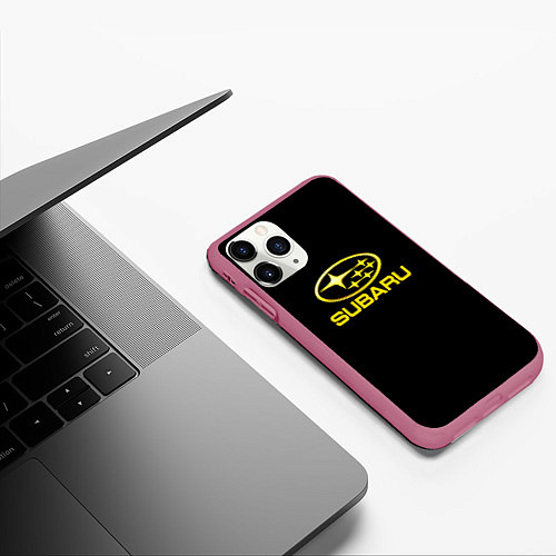 Чехол iPhone 11 Pro матовый Subaru logo yellow / 3D-Малиновый – фото 3