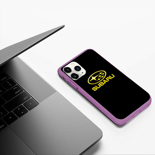 Чехол iPhone 11 Pro матовый Subaru logo yellow / 3D-Фиолетовый – фото 3