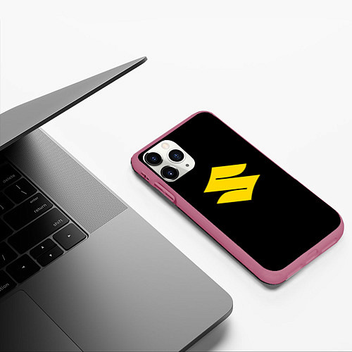 Чехол iPhone 11 Pro матовый Suzuki logo yellow / 3D-Малиновый – фото 3