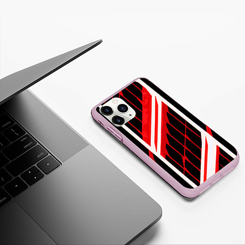 Чехол iPhone 11 Pro матовый Red and white lines on a black background / 3D-Розовый – фото 3