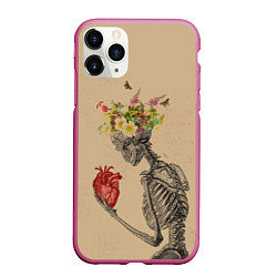 Чехол iPhone 11 Pro матовый Bone and heart, цвет: 3D-малиновый