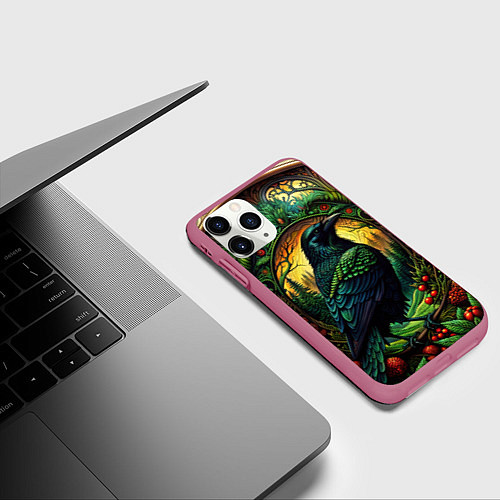 Чехол iPhone 11 Pro матовый Скандинавский ворон лесной узор / 3D-Малиновый – фото 3