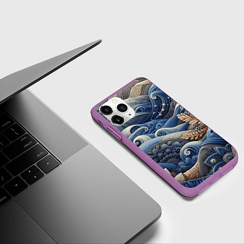 Чехол iPhone 11 Pro матовый Джинсовые волны - нейросеть / 3D-Фиолетовый – фото 3