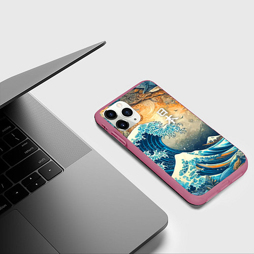 Чехол iPhone 11 Pro матовый Коллаж с Японской волной - нейросеть / 3D-Малиновый – фото 3