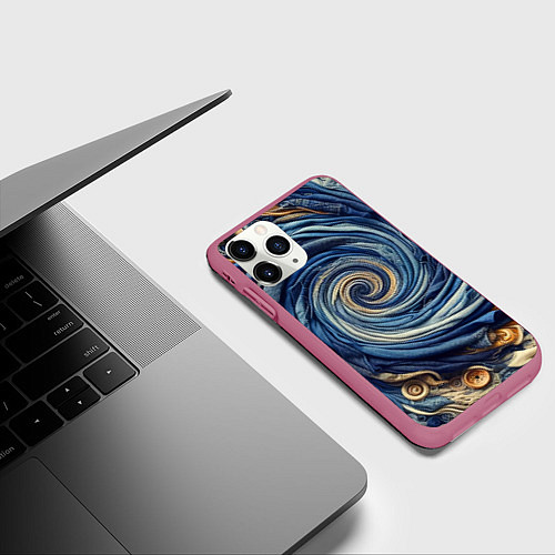 Чехол iPhone 11 Pro матовый Воронка из джинсы и пуговиц - нейросеть / 3D-Малиновый – фото 3