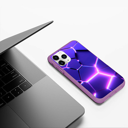 Чехол iPhone 11 Pro матовый Фиолетовые плиты с розовым свечением / 3D-Фиолетовый – фото 3