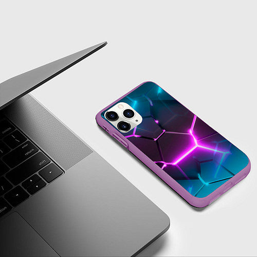 Чехол iPhone 11 Pro матовый Голубые и розовые неоновые плиты в разломе / 3D-Фиолетовый – фото 3