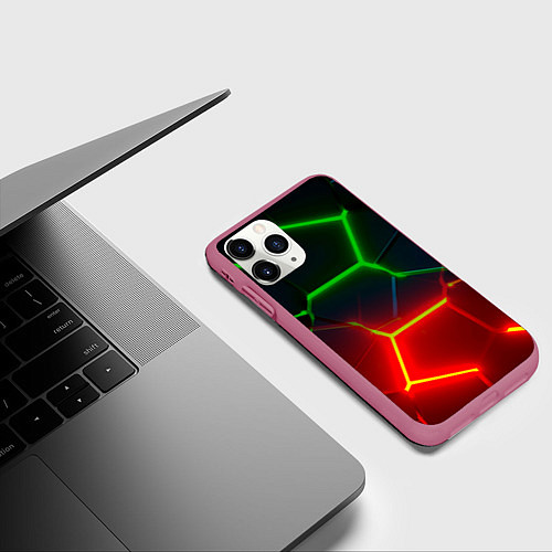 Чехол iPhone 11 Pro матовый Зеленые и красные неоновые плиты в разломе / 3D-Малиновый – фото 3