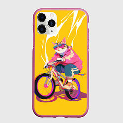 Чехол iPhone 11 Pro матовый Кот на велосипеде жёлтый фон, цвет: 3D-малиновый