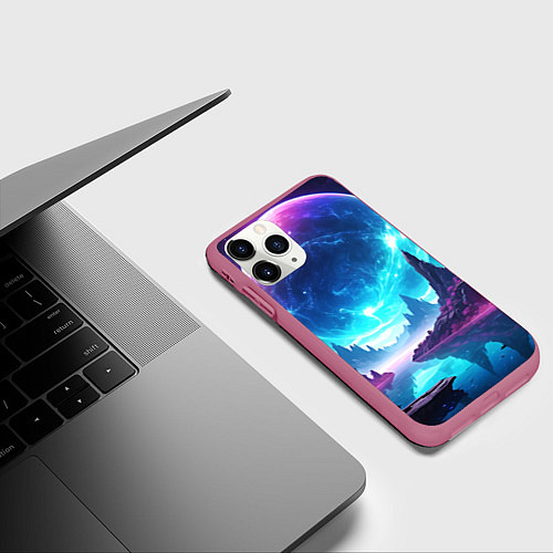 Чехол iPhone 11 Pro матовый Космический пейзаж - планеты / 3D-Малиновый – фото 3