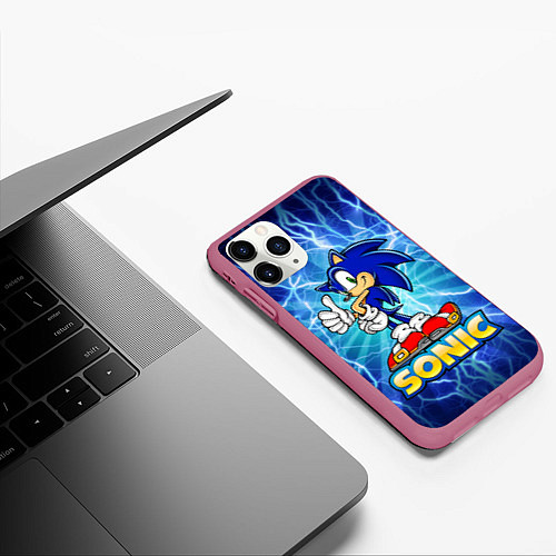 Чехол iPhone 11 Pro матовый Соник синий еж / 3D-Малиновый – фото 3
