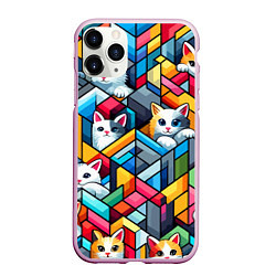 Чехол iPhone 11 Pro матовый Геометрический паттерн с котятами - нейросеть, цвет: 3D-розовый
